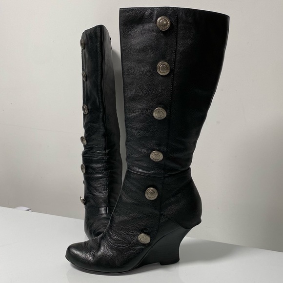 Black leather wedge heel tall boots with button detailing - Picture 4 of 16